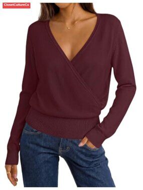 V Neck Wrap Sweater Womens Knit Pullover Long Sleeve Surplice Top
